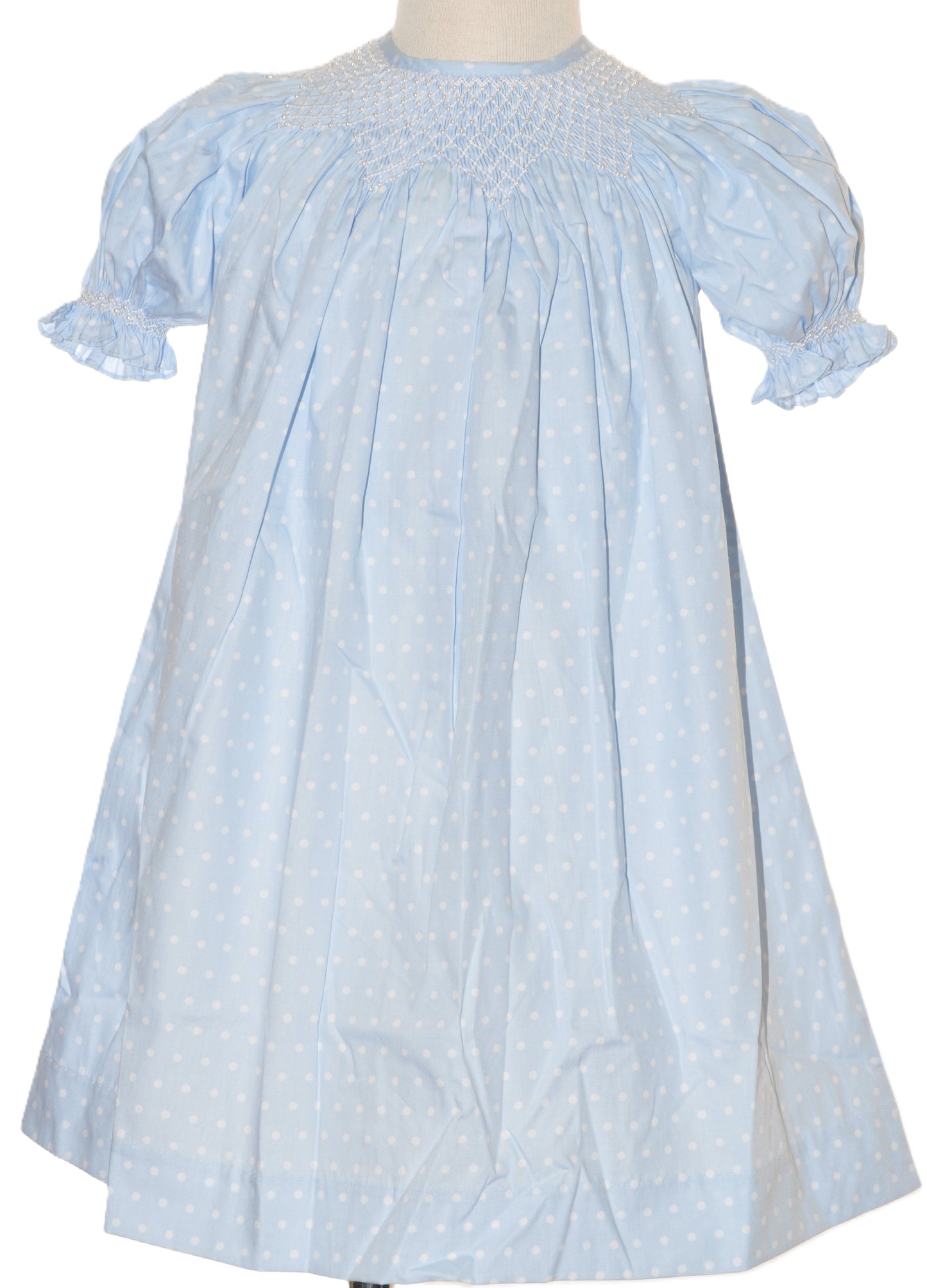 Blue Polka Dot Geo Smocked With Pearls Short Sleeve Bishop Dress