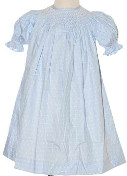 Blue Polka Dot Geo Smocked With Pearls Short Sleeve Bishop Dress