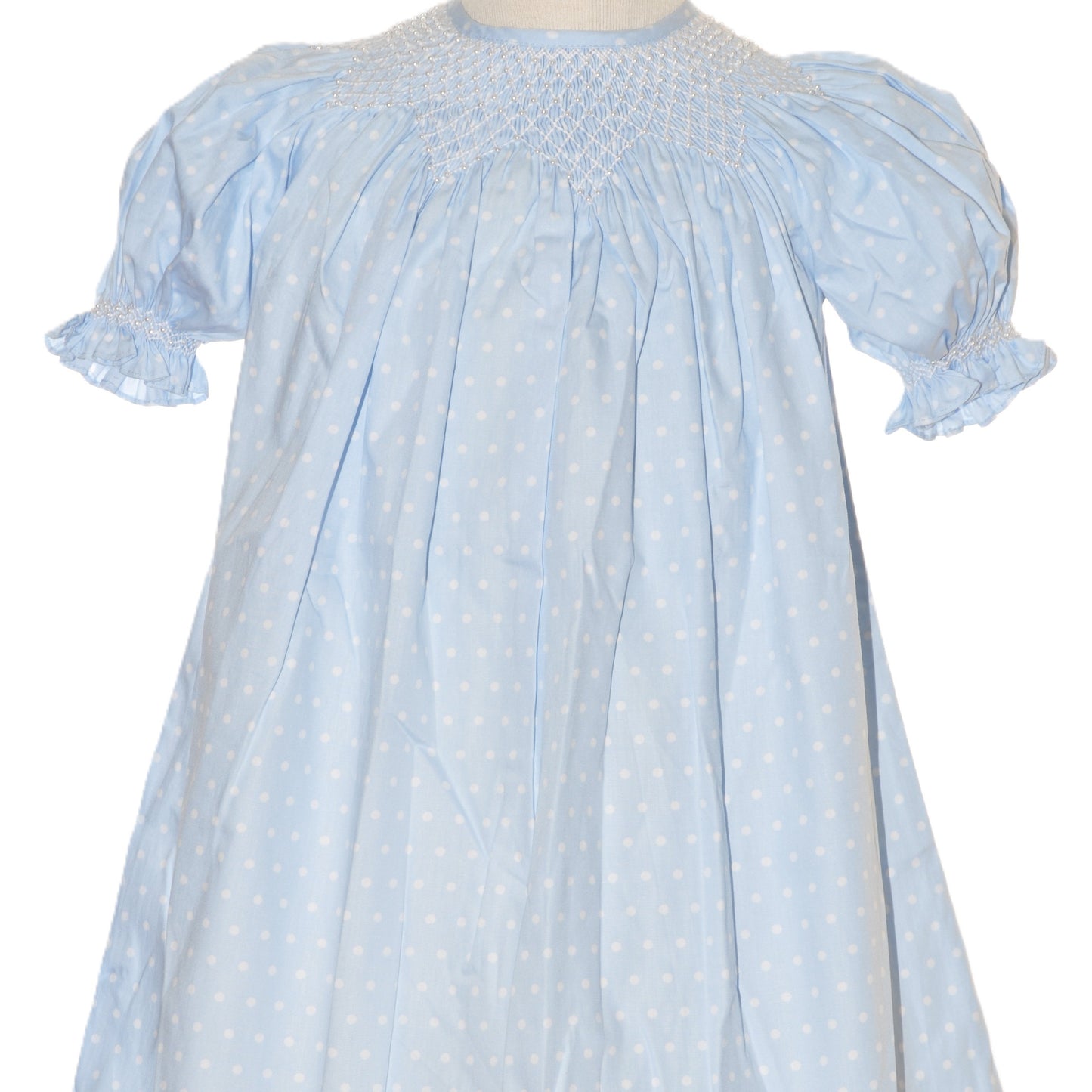 Blue Polka Dot Geo Smocked With Pearls Short Sleeve Bishop Dress