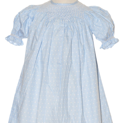 Blue Polka Dot Geo Smocked With Pearls Short Sleeve Bishop Dress