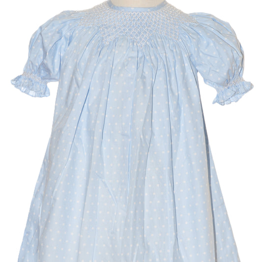 Blue Polka Dot Geo Smocked With Pearls Short Sleeve Bishop Dress