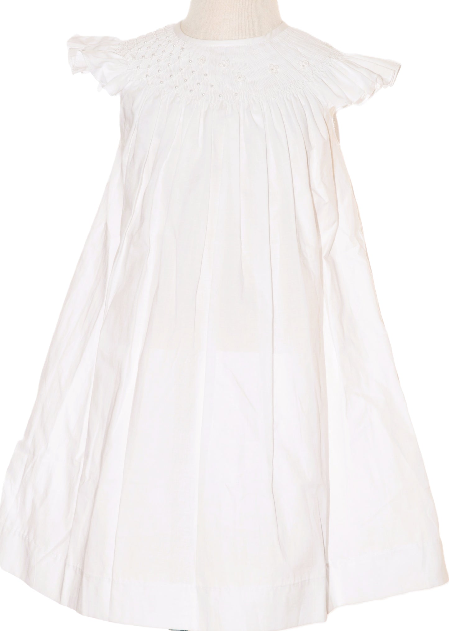 White Geometric Smocked with Pearl Angle Wing Sleeve Dress