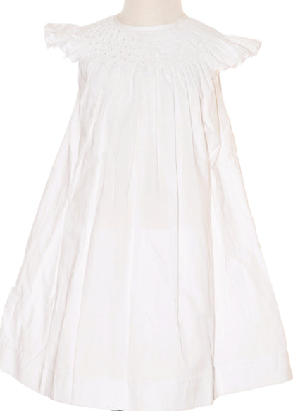 White Geometric Smocked with Pearl Angle Wing Sleeve Dress