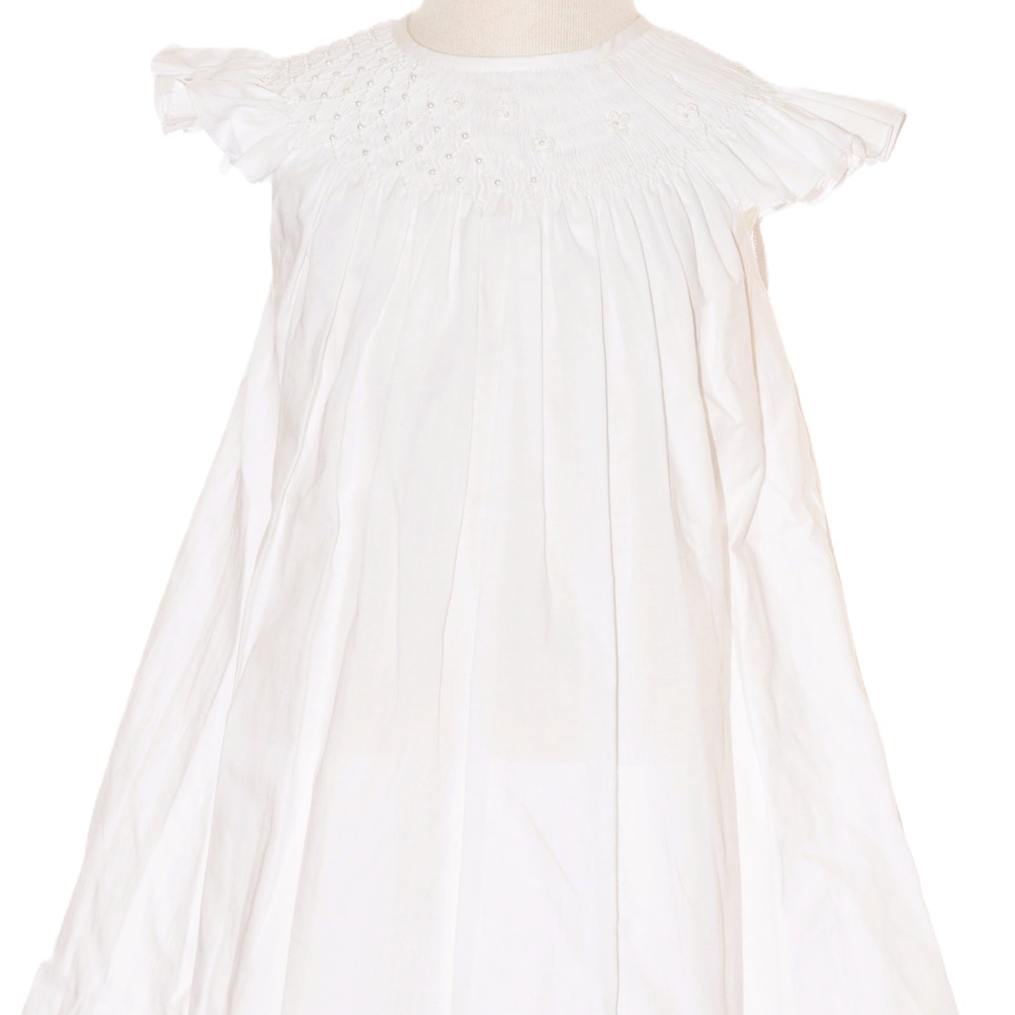 White Geometric Smocked with Pearl Angle Wing Sleeve Dress