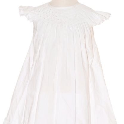 White Geometric Smocked with Pearl Angle Wing Sleeve Dress