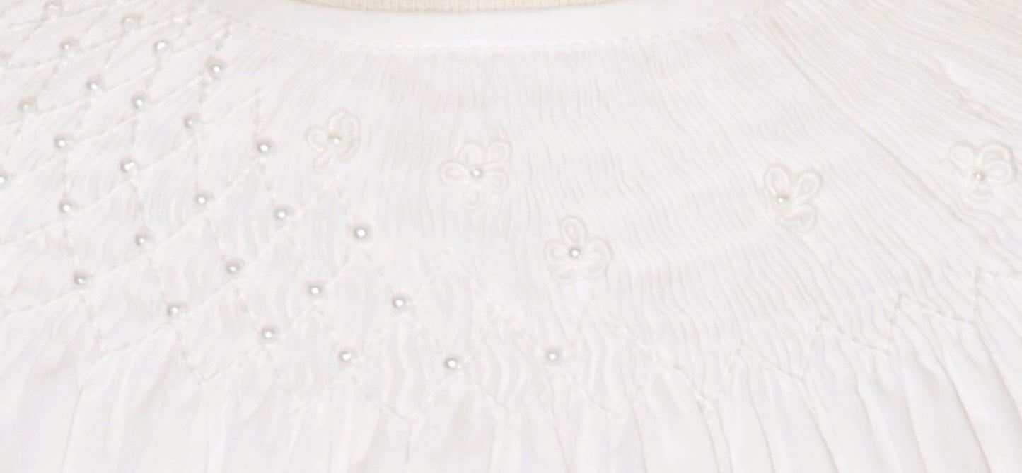 White Geometric Smocked with Pearl Angle Wing Sleeve Dress