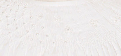 White Geometric Smocked with Pearl Angle Wing Sleeve Dress