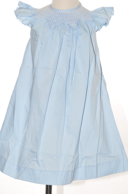 Blue Geo Smocked With Pearls Angel Wing Sleeve Bishop Dress