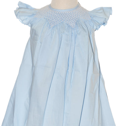 Blue Geo Smocked With Pearls Angel Wing Sleeve Bishop Dress