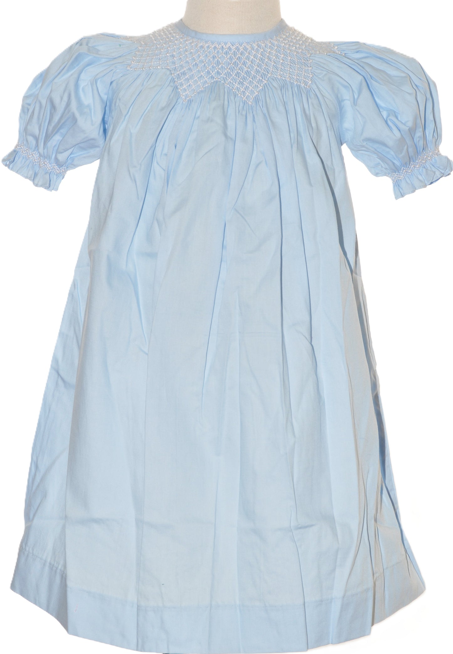 Blue Geo Smocked With Pearls Short Sleeve Bishop Dress