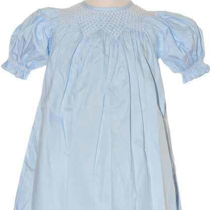 Blue Geo Smocked With Pearls Short Sleeve Bishop Dress