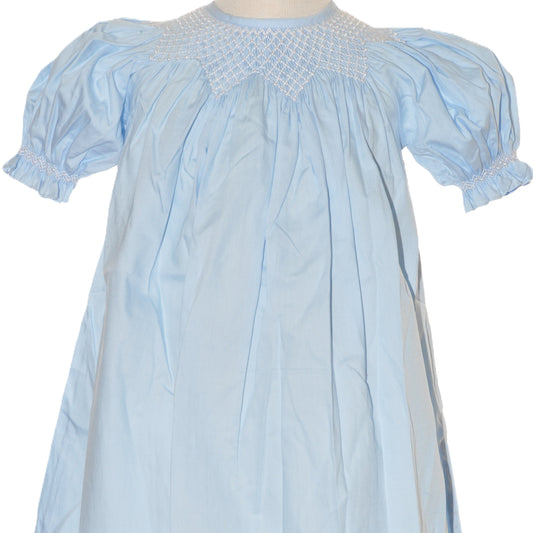 Blue Geo Smocked With Pearls Short Sleeve Bishop Dress