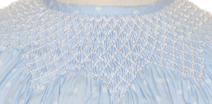 Blue Polka Dot Geo Smocked With Pearls Short Sleeve Bishop Dress