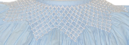 Blue Geo Smocked With Pearls Angel Wing Sleeve Bishop Dress