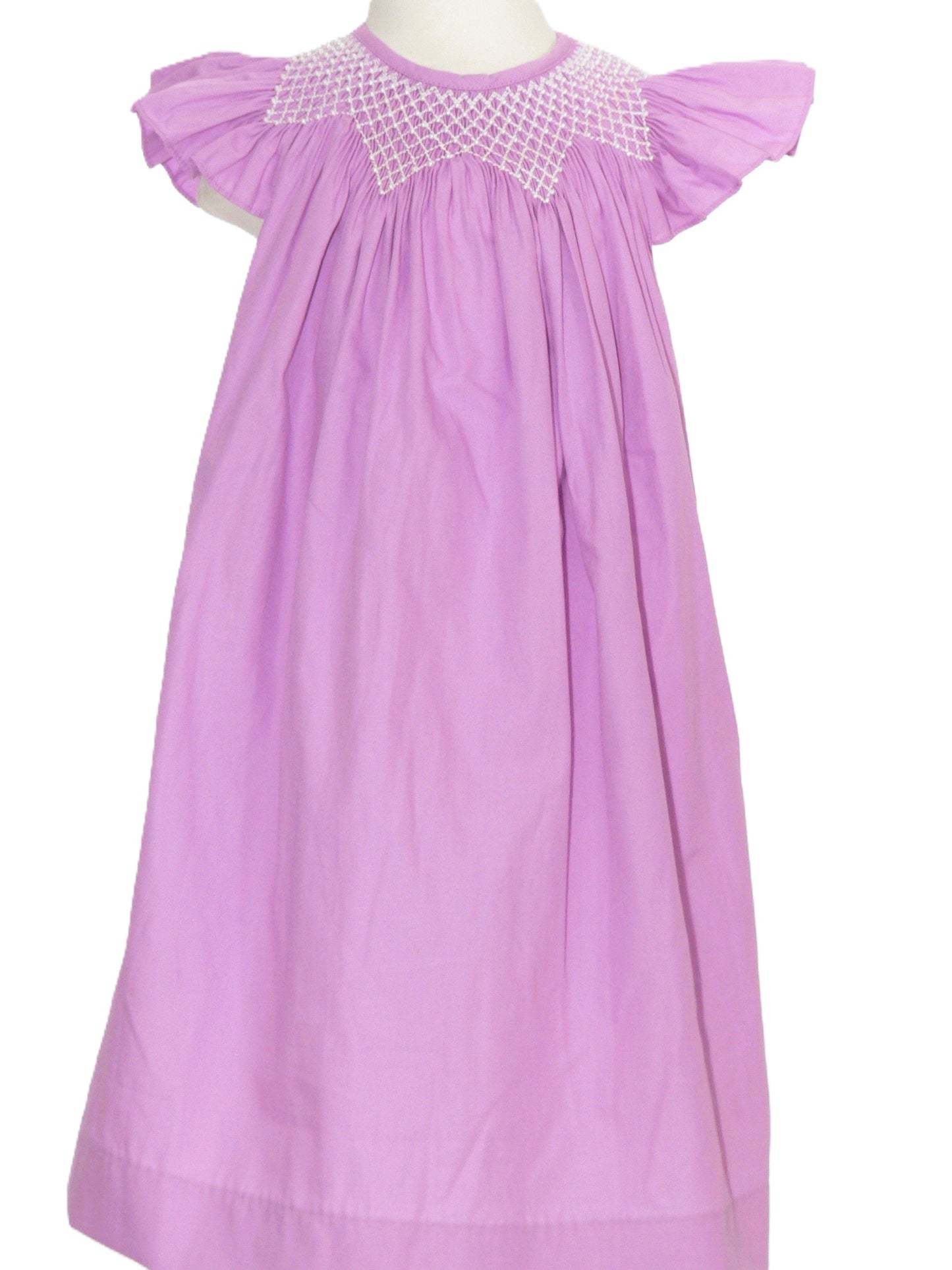 Purple Geometric Smocked With Pearls Embroidered Angel Wing Sleeve Bishop