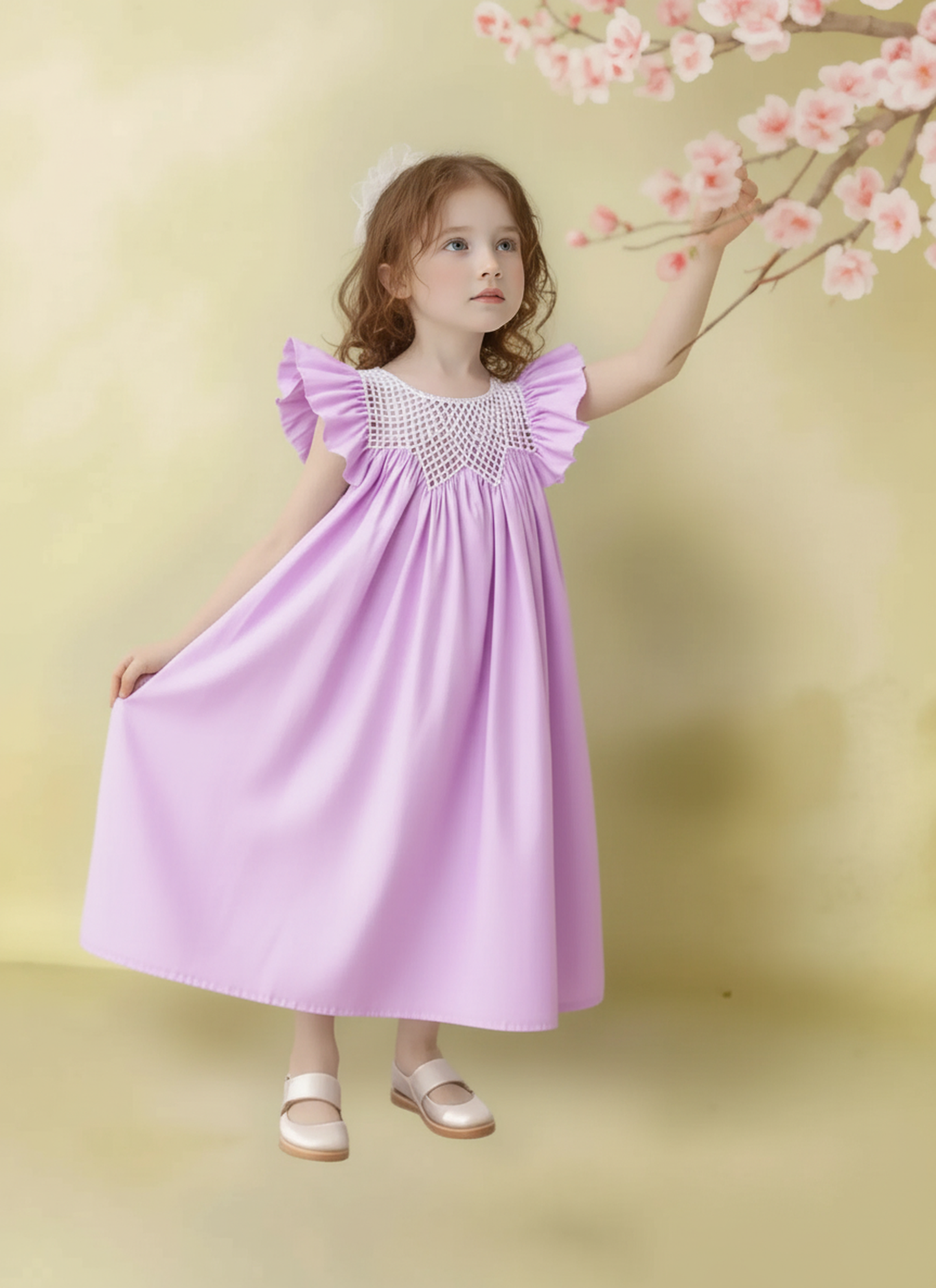 Purple Geometric Smocked With Pearls Embroidered Angel Wing Sleeve Bishop