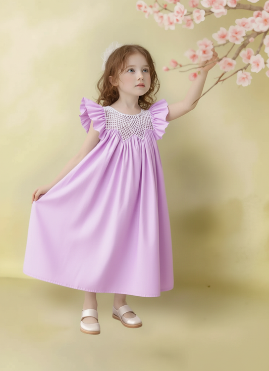 Purple Geometric Smocked With Pearls Embroidered Angel Wing Sleeve Bishop