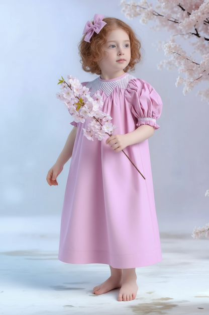 Purple Geometric Smocked with Pearl Short Sleeve Bishop Dress