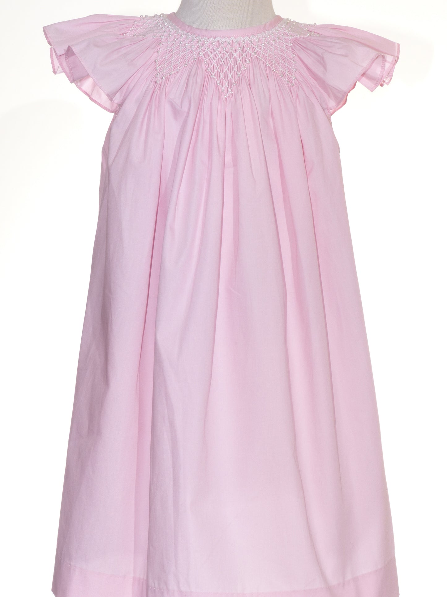 Pink Geometric Smocked With Pearls Embroidered Angel Wing Sleeve