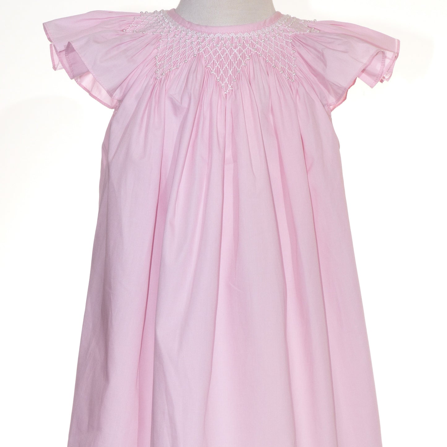 Pink Geometric Smocked With Pearls Embroidered Angel Wing Sleeve