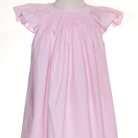Pink Geometric Smocked With Pearls Embroidered Angel Wing Sleeve