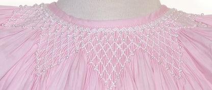 Light Pink Geometric Smocked with Pearl Short Bishop Sleeve Dress