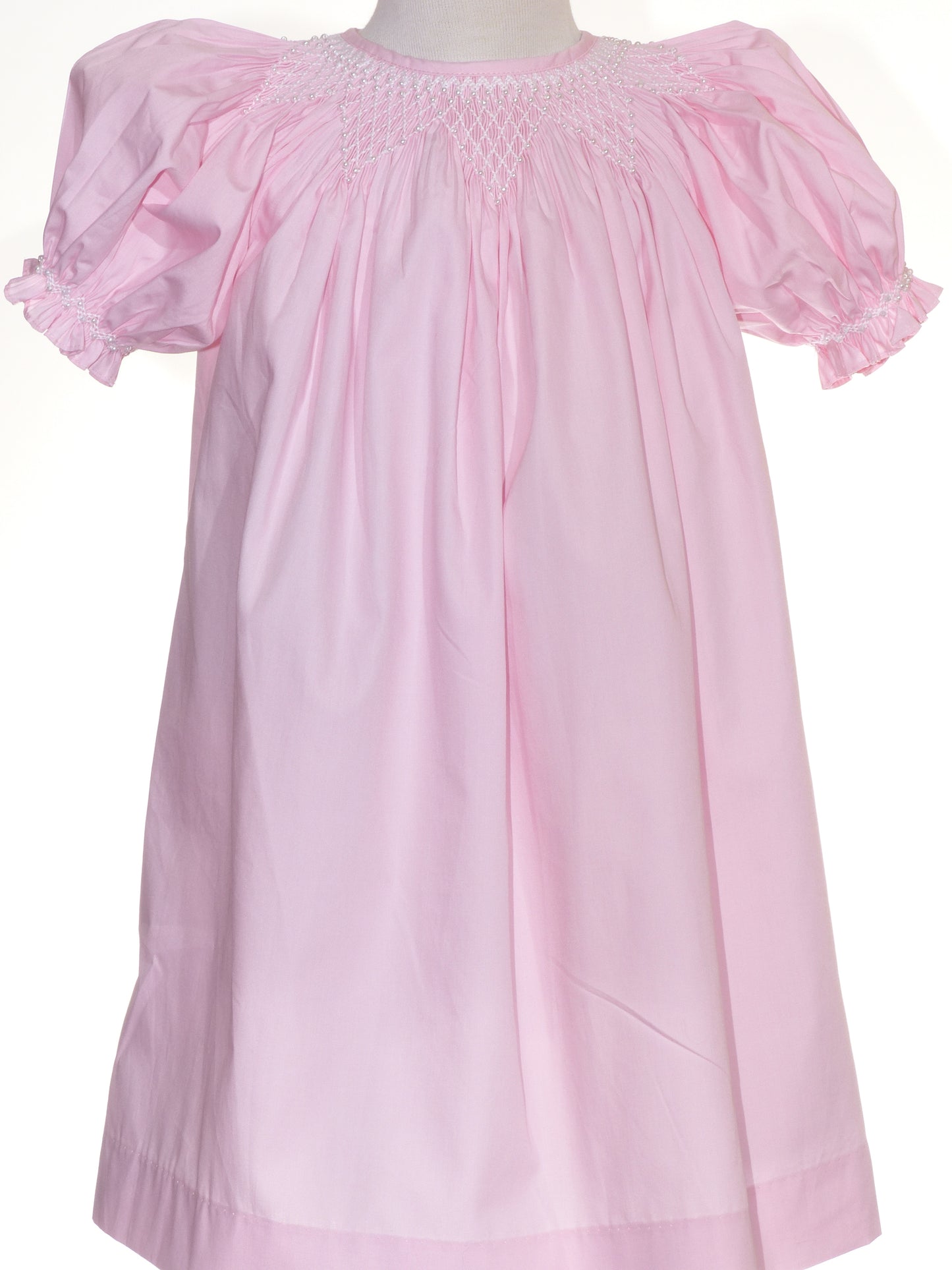 Light Pink Geometric Smocked with Pearl Short Bishop Sleeve Dress