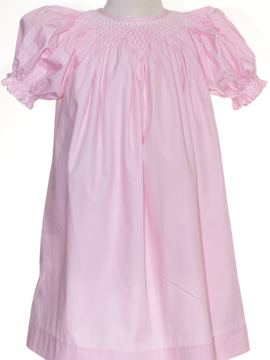 Light Pink Geometric Smocked with Pearl Short Bishop Sleeve Dress