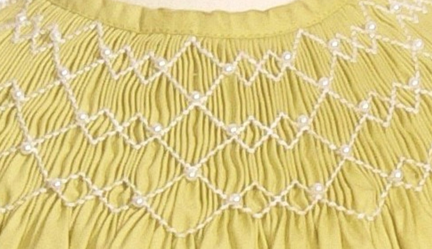 Green Geo Smocked With Pearls Short Sleeve Dress