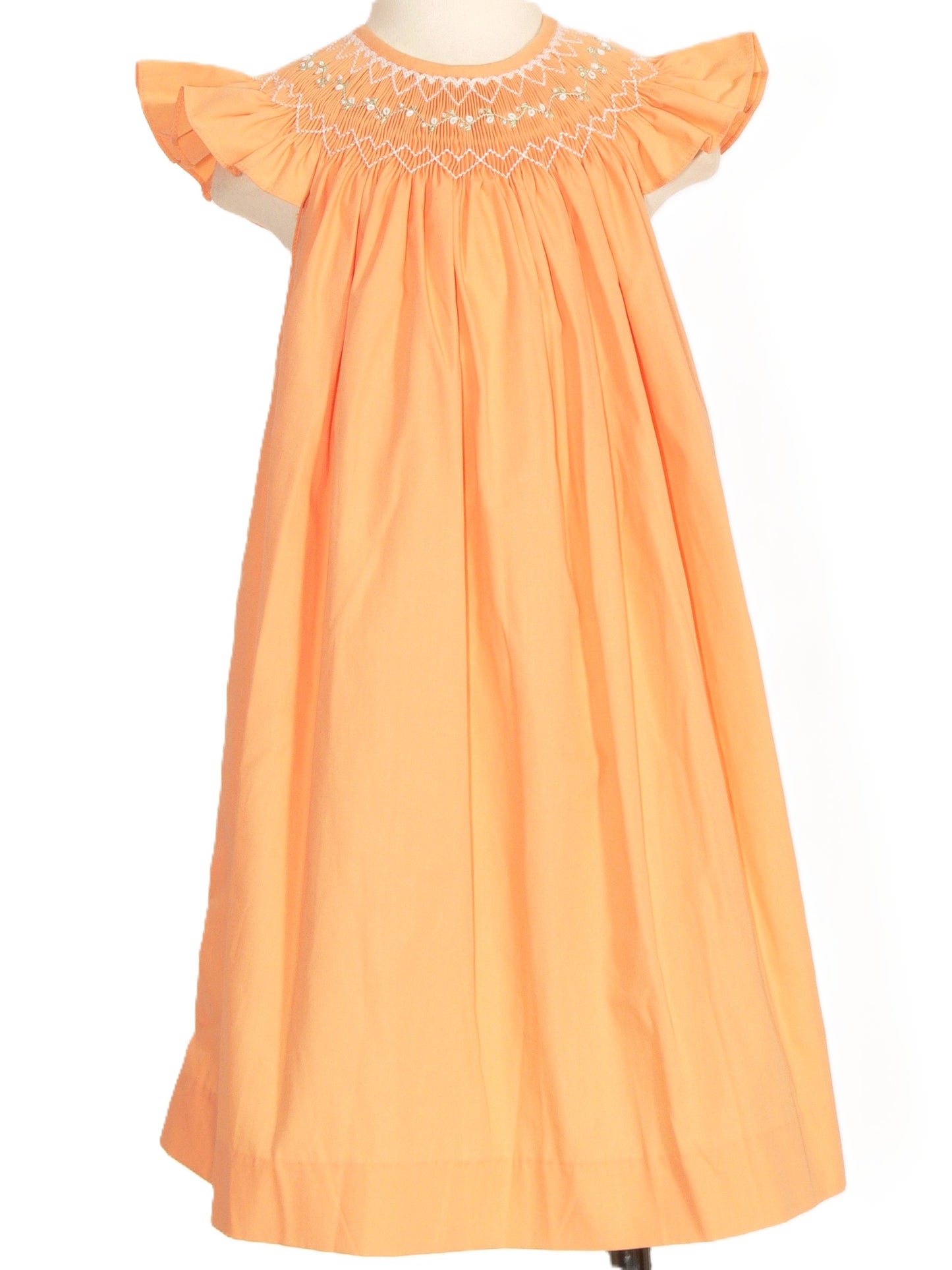Orange Geometric Smocked With Flowers Angle Wing Sleeve Dress