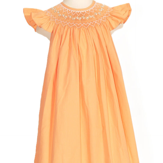 Orange Geometric Smocked With Flowers Angle Wing Sleeve Dress