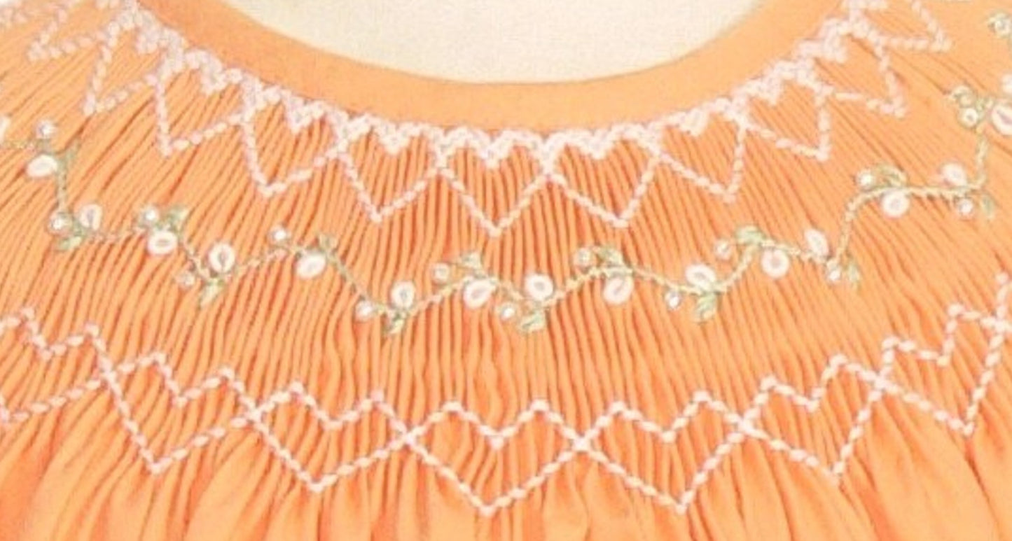 Orange Geometric Smocked With Flowers Angle Wing Sleeve Dress