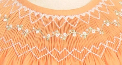 Orange Geometric Smocked With Flowers Angle Wing Sleeve Dress