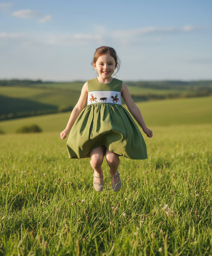 Sage Green Corduroy Rodeo Rider Smocked Dress