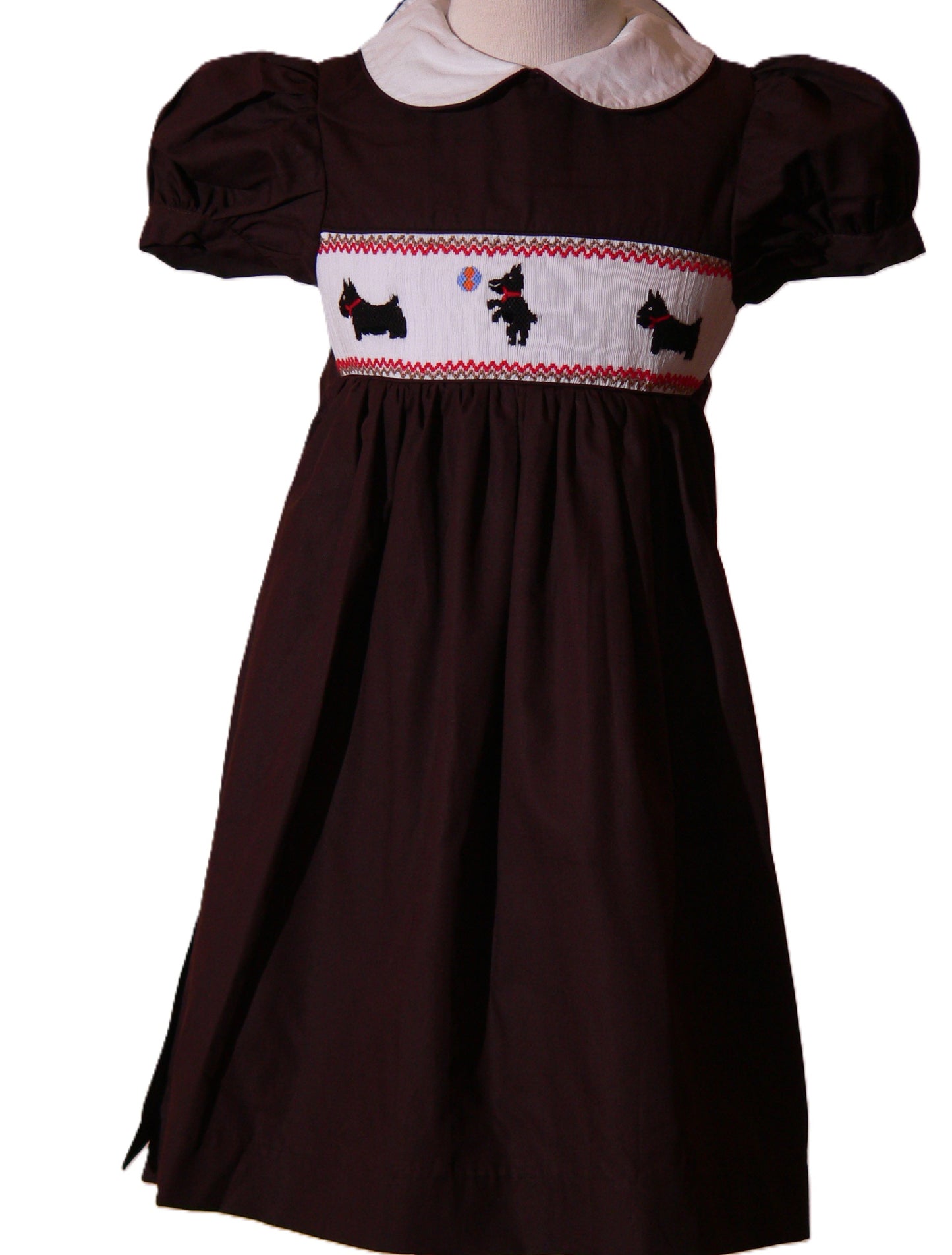 Brown Dog Smocked Short Sleeve Dress Featuring Peter Pan Collar