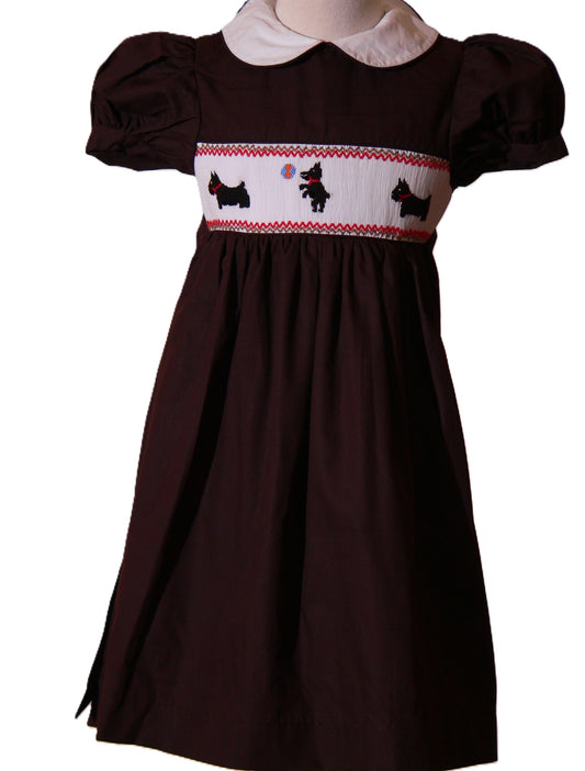 Brown Dog Smocked Short Sleeve Dress Featuring Peter Pan Collar