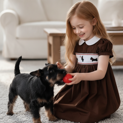 Brown Dog Smocked Short Sleeve Dress Featuring Peter Pan Collar