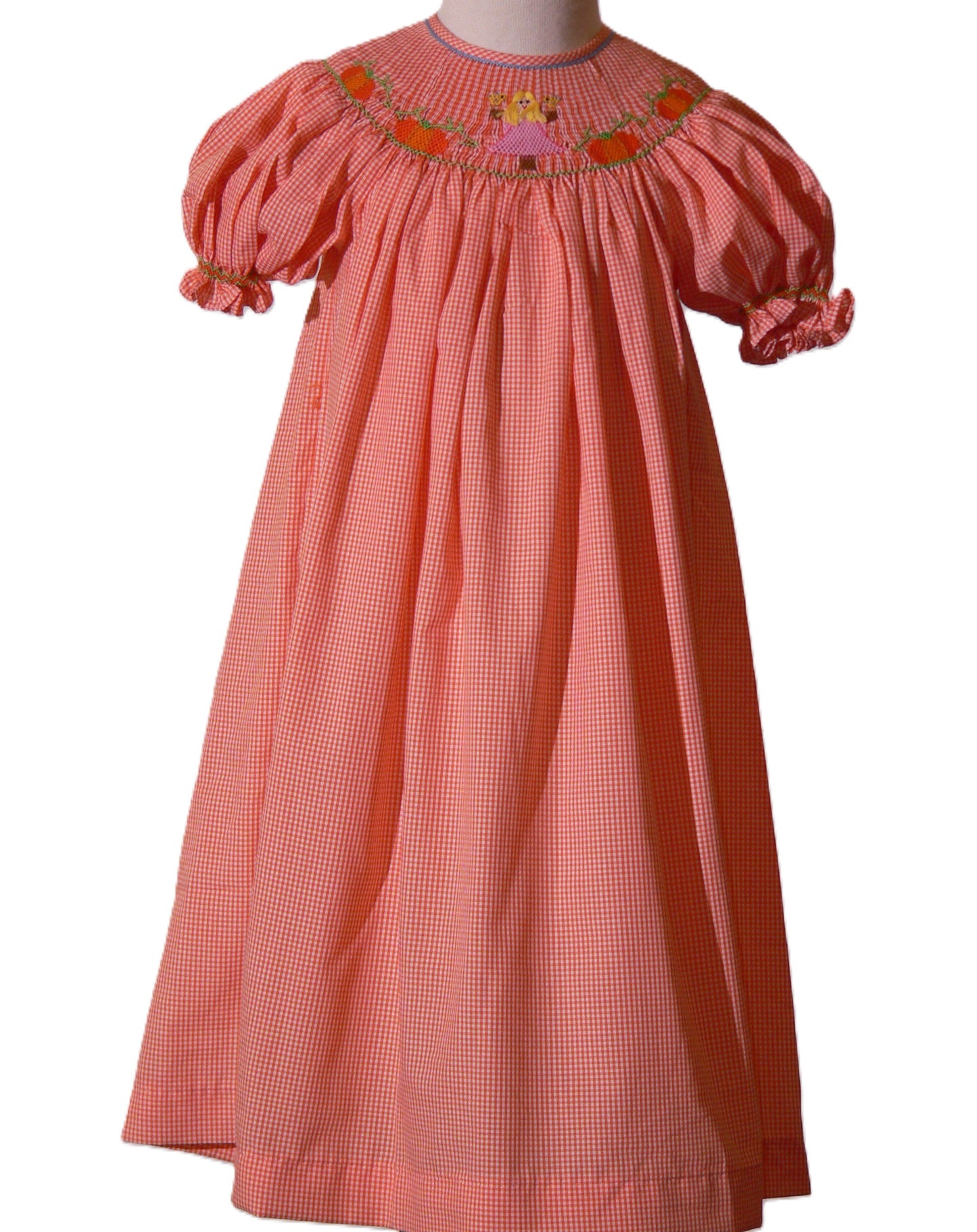 Orange Gingham Short Bishop Sleeve Dress featuring GIRL WITH LONG HAIR & PUMPKINS Smocked