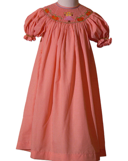 Orange Gingham Short Bishop Sleeve Dress featuring GIRL WITH LONG HAIR & PUMPKINS Smocked