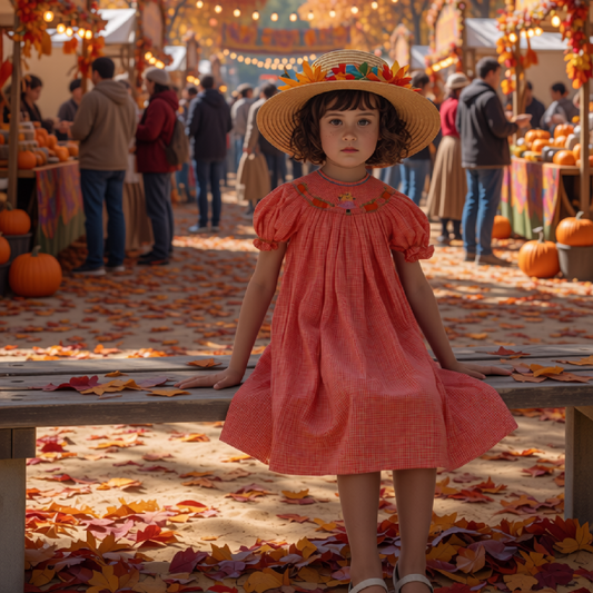 Orange Gingham Short Bishop Sleeve Dress featuring SCARECROW Smocked