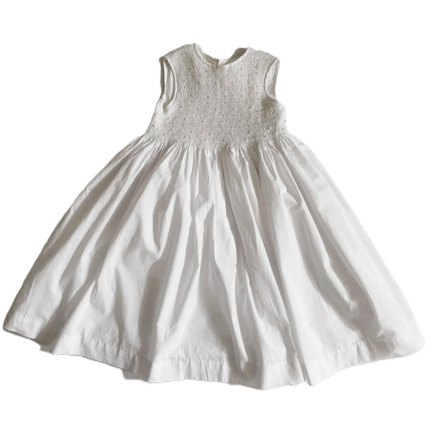 White Geometric Smocked with Pearls & Flowers Sleeveless Dress