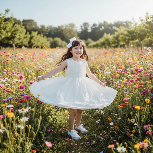 White Geometric Smocked with Pearls & Flowers Sleeveless Dress