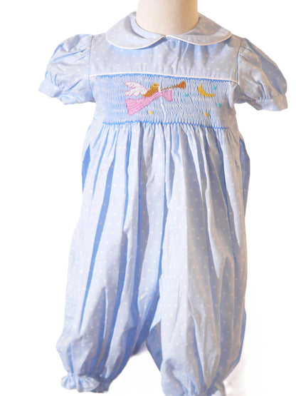 Light Blue Polka Dot Angel Smocked Short Sleeve Romper