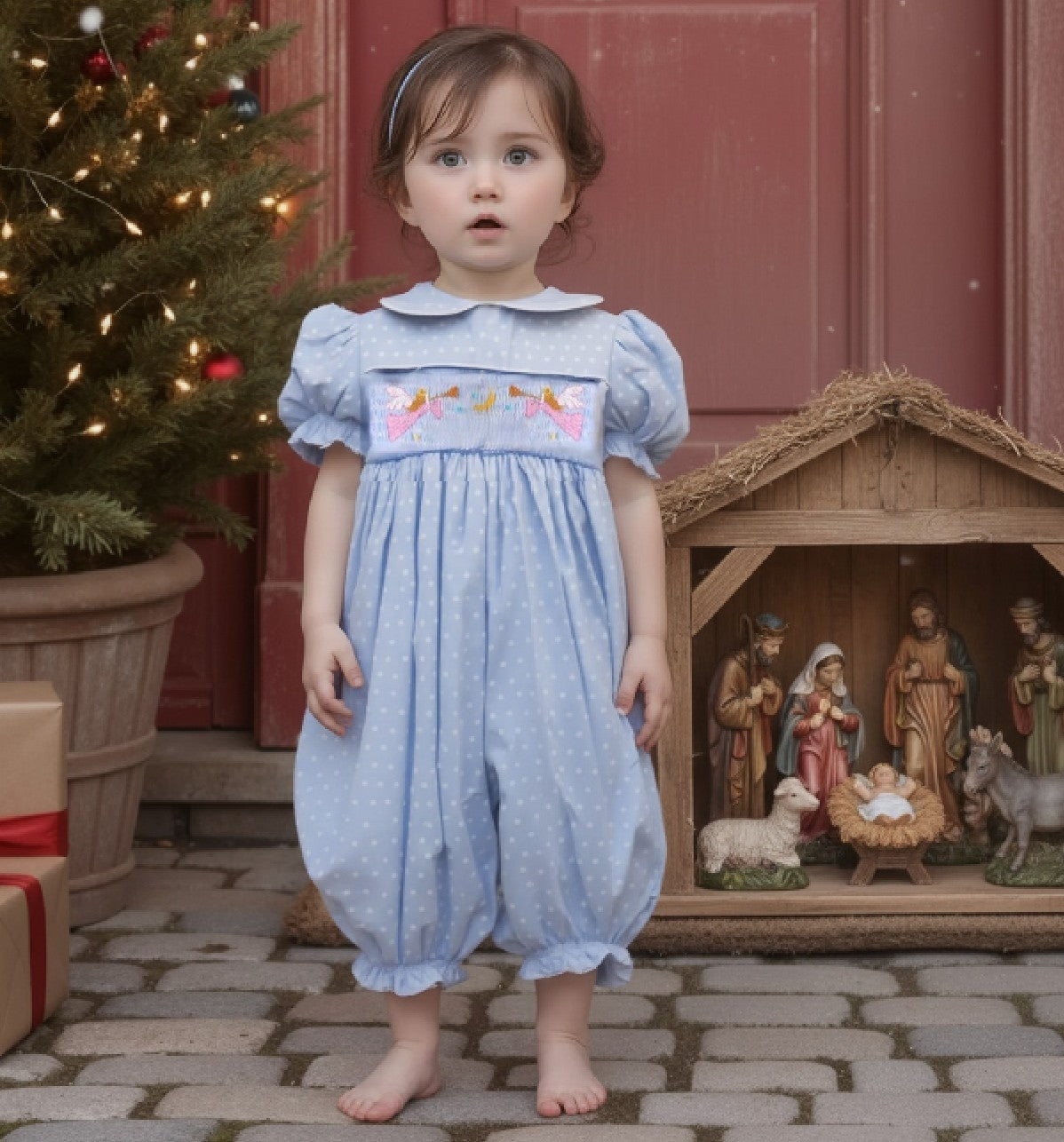 Light Blue Polka Dot Angel Smocked Short Sleeve Romper