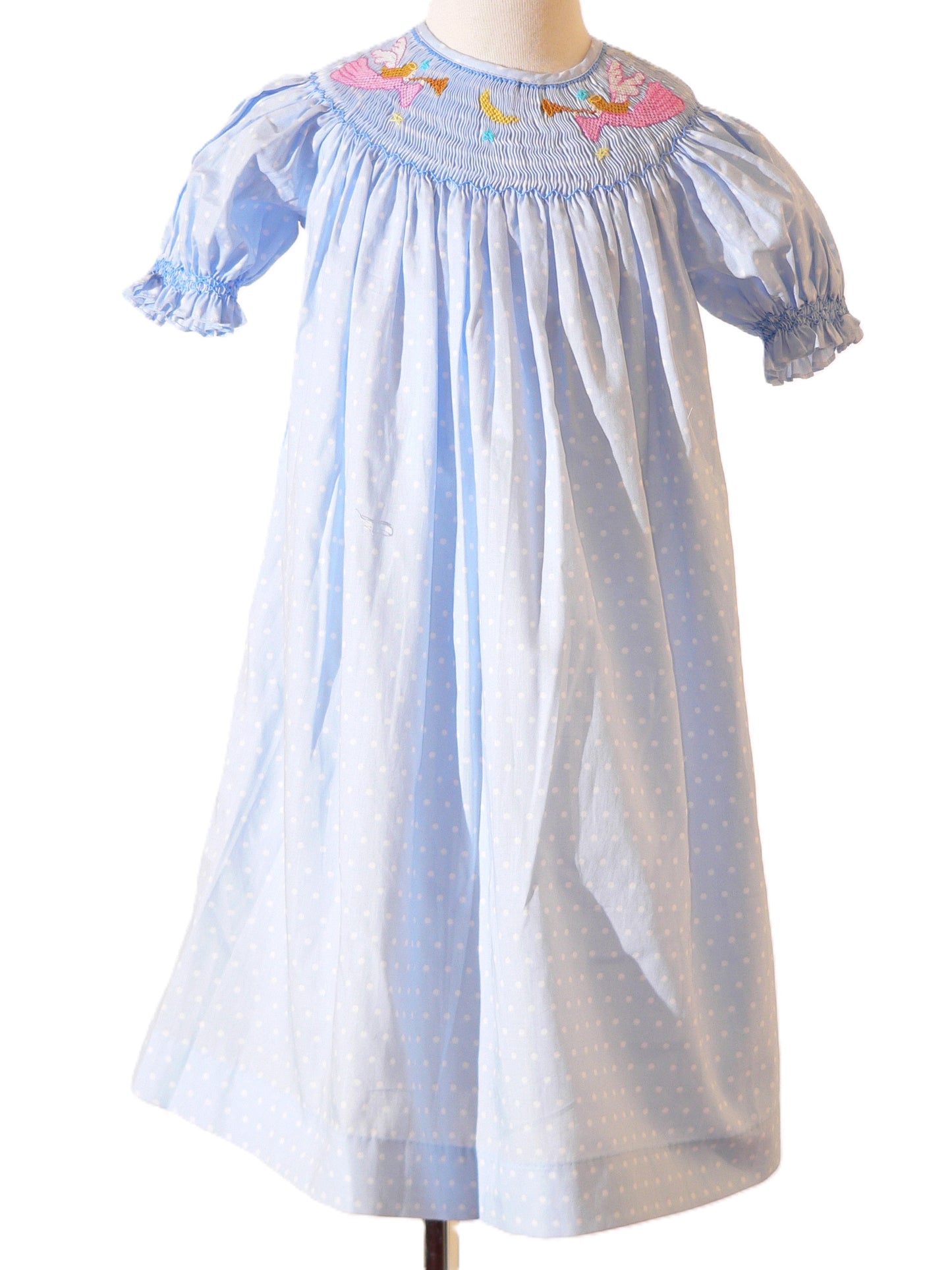 Light Blue Polka Dot Angel Smocked Short Sleeve Bishop Dress