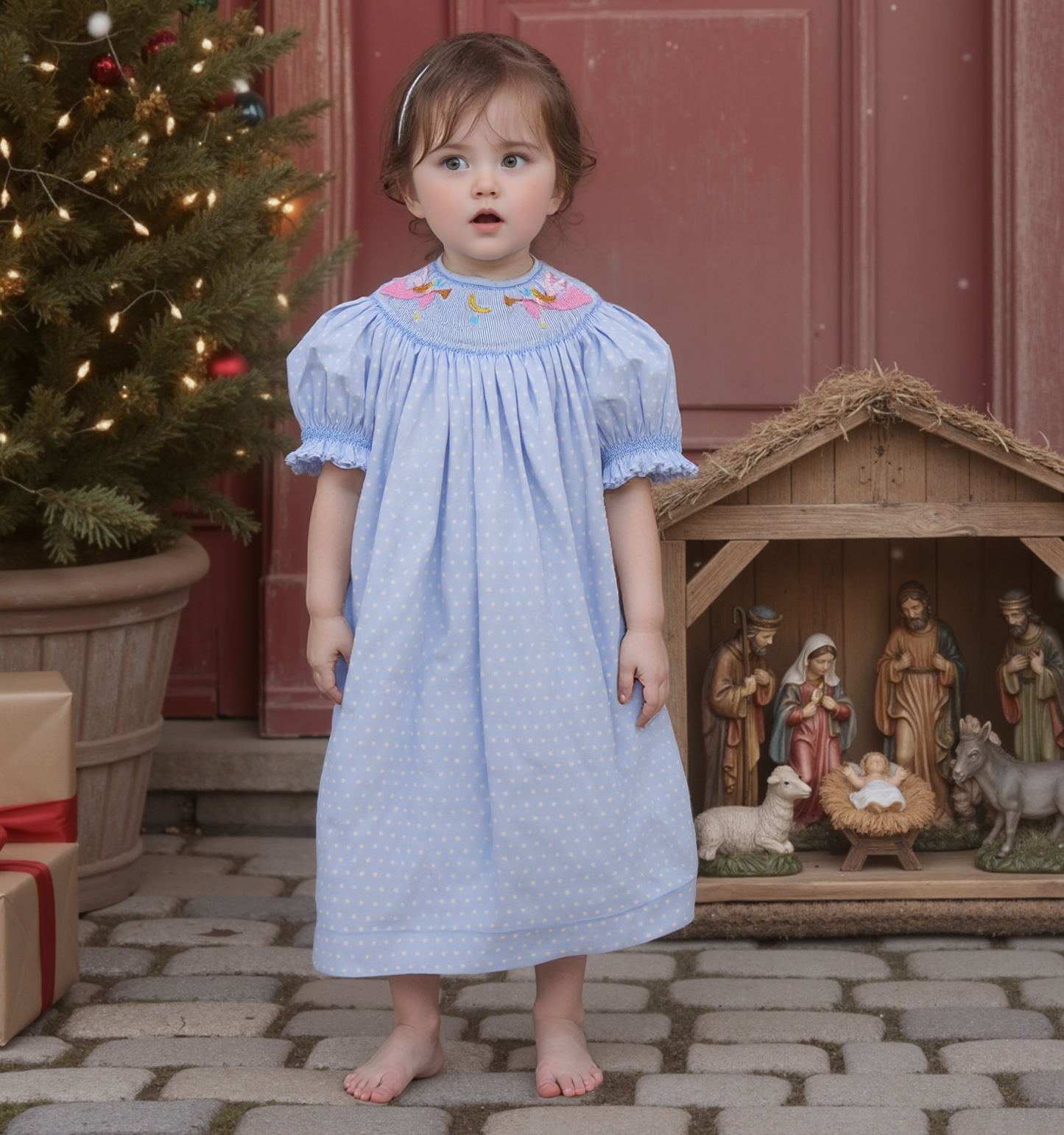 Light Blue Polka Dot Angel Smocked Short Sleeve Bishop Dress