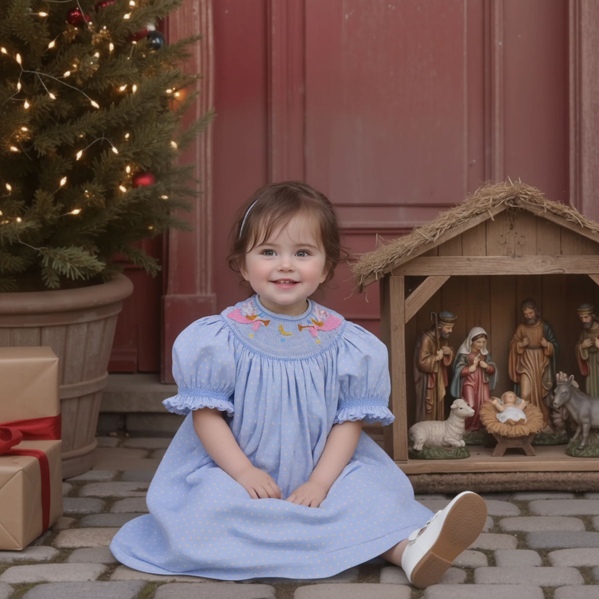 Light Blue Polka Dot Angel Smocked Short Sleeve Bishop Dress