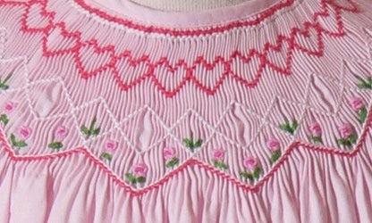 Light Pink Geometric Smocked with Flowers Short Bishop Sleeve Dress