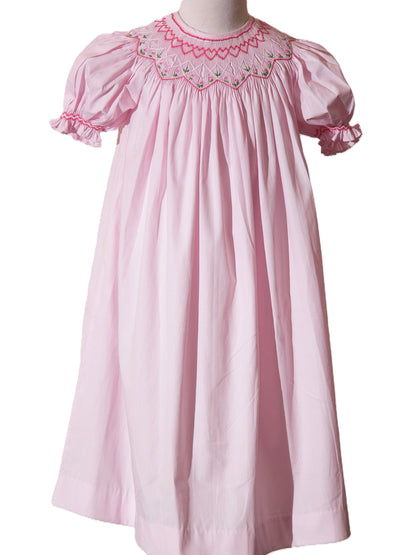 Light Pink Geometric Smocked with Flowers Short Bishop Sleeve Dress