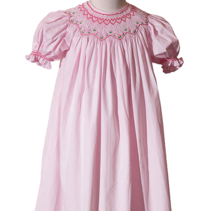 Light Pink Geometric Smocked with Flowers Short Bishop Sleeve Dress
